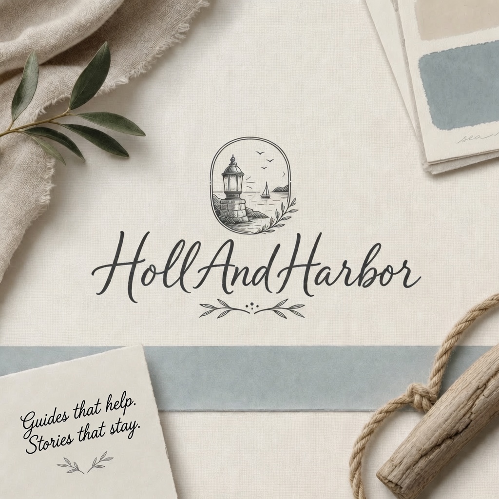 HollAndHarbor lighthouse emblem, hand-lettered wordmark, and note card reading Guides that help. Stories that stay.